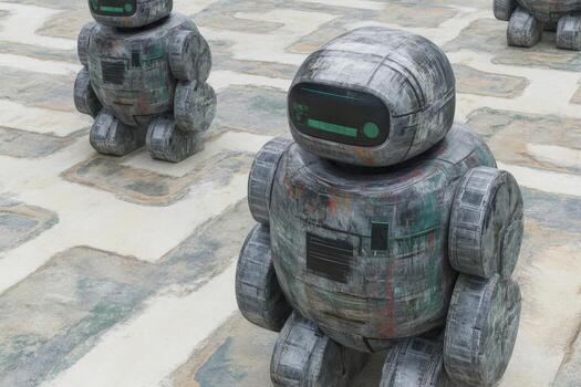 A group of robots are standing in a row photo