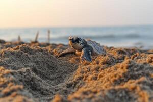 A baby sea turtle is walking on the sand photo