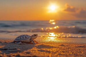 A baby sea turtle on the beach at sunset photo