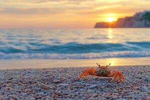 A crab on the beach at sunset photo