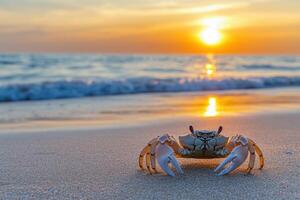 A crab on the beach at sunset photo