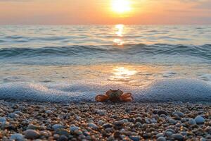 A crab on the beach at sunset photo