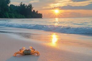 A crab on the beach at sunset photo