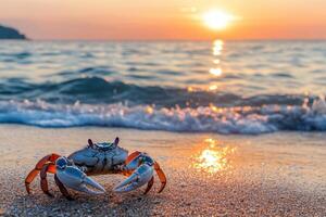 A crab on the beach at sunset photo