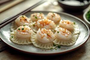 Shrimp dumplings on a plate with chopsticks photo