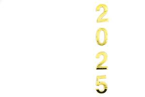 Gold 2025 numerals on a white background. 2025 New Years Eve Celebration, Holiday background Happy New Year 2025. Numbers of year 2025, celebrating New Year holiday, Space for text photo