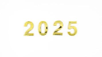 Gold 2025 numerals on a white background. 2025 New Years Eve Celebration, Holiday background Happy New Year 2025. Numbers of year 2025, celebrating New Year holiday, Space for text photo