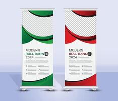 Corporate red and green abstract roll up banner template design vector