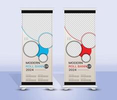 Blue and red roll up banner template design vector