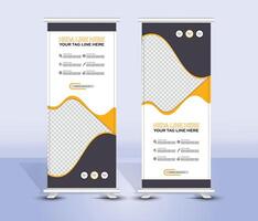 Modern roll up banner template design with yellow wavy shape vector