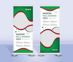 Green and red wavy abstract roll up banner template design vector
