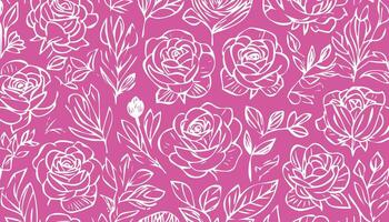 Seamless outlined rose and petal pattern with fuchsia background vector