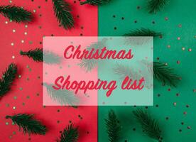 Christmas shopping list is displayed on a red and green background photo
