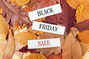 Pile of autumn leaves with a sign that says Black Friday Sale photo
