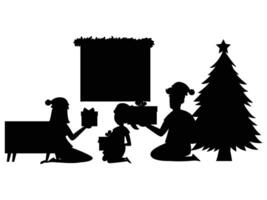 Silhouette of a Family with Kids Decorating Christmas Tree vector
