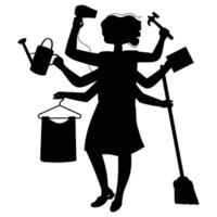 Silhouette of a Busy Multitasking Woman with Various Objects vector