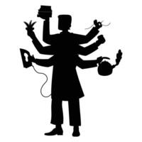 Men Silhouette with Many Hands Holding Different Objects vector