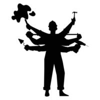 Men Silhouette with Many Hands Holding Different Objects vector