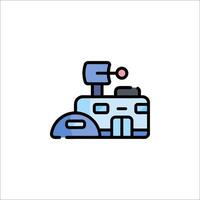 A blue and white icon of a building with a red light vector