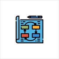 A blue and white icon of a document with a pen and paper vector