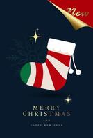 A vibrant red winter stocking with a white cuff and snowflake decorations is the central element Happy New Year banner with Christmas Fuzzy Cozy Socks vector