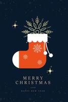 A vibrant red winter stocking with a white cuff and snowflake decorations is the central element Happy New Year banner with premium frame for Christmas, Happy New Year . vector