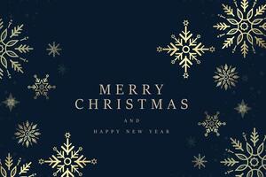 A gold snow flakes on dark blue background. Luxury snow flakes frame for Christmas and New Year with small snow flakes, illustration, Happy New Year banner with premium frame vector