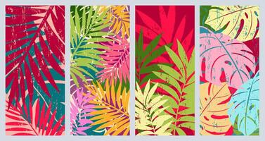 A set of bright, summer backgrounds with tropical plants. Vertical, vintage texture. vector