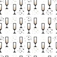 Seamless pattern with pixel-style champagne glasses in 8-bit retro design, ideal for wrapping paper, textiles, and festive holiday decor. vector