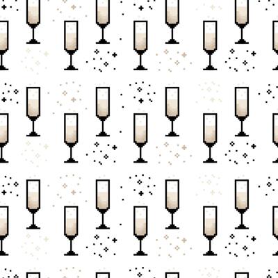 Seamless pattern with pixel-style champagne glasses in 8-bit retro design, ideal for wrapping paper, textiles, and festive holiday decor.
