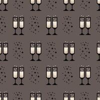 Seamless pattern with champagne glasses pixel icon, 8 bit, retro style. Perfect for wrapping paper, textiles, holiday decor. . vector