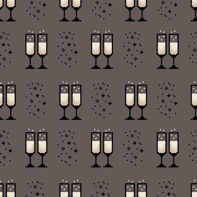 Seamless pattern with champagne glasses pixel icon, 8 bit, retro style. Perfect for wrapping paper, textiles, holiday decor. .