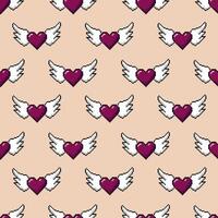 Seamless pattern with hearts with wings pixel icon, 8 bit, retro style. Perfect for wrapping paper for Valentine's Day. vector