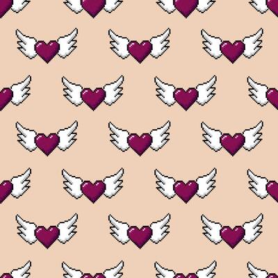Seamless pattern with hearts with wings pixel icon, 8 bit, retro style. Perfect for wrapping paper for Valentine's Day.
