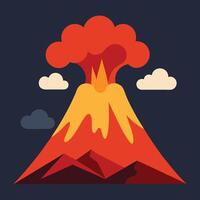 Illustrate a flat design of a volcanic mountain erupting with vibrant lava and ash clouds rising into the sky. vector