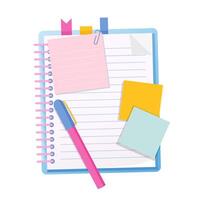 Notebook with bookmarks, colorful sticky notes and pen isolated on a white background. vector