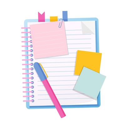 Notebook with bookmarks, colorful sticky notes and pen isolated on a white background.