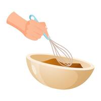 Process of preparing food with human hand that mixing ingredients in bowl isolated on white background. vector