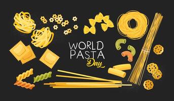 World pasta day poster design with different kinds of macarons on dark background with lettering. vector
