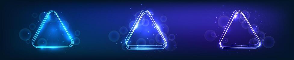 Neon rounded triangle frame with shining effects and sparkles vector