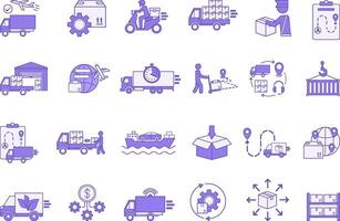 Colored Logistics Icon Set. Icon Delivery, Customs Clearance, Inventory, Loading, Distribution, Packaging, Warehouse, Import, Export, Transportation, Planning, Cargo and Others vector