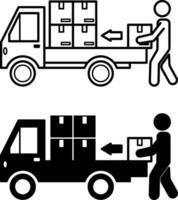 Loading Icons. Black and White Illustrations. Man Loading Goods into a Truck. Delivery Service. Logistics Concept vector