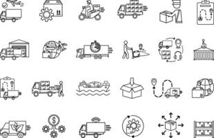 Logistics Icon Set. Icon Delivery, Customs Clearance, Inventory, Loading, Distribution, Packaging, Warehouse, Import, Export, Transportation, Planning, Cargo and Others vector
