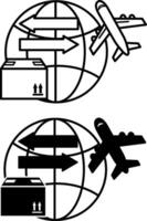 Import and Export Icons. Black and White Illustrations. Globe, Flying Airplane, and Package with Goods. International Delivery Service. Logistics Concept vector