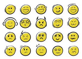 Doodle emoji face icons set. Sketch style hand drawn sketch emoji with different mood and emotion. vector