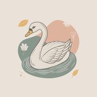 A white swan floating in a pond with leaves vector