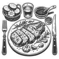 Grilled steak with vegetables and bread on plate, black and white illustration vector