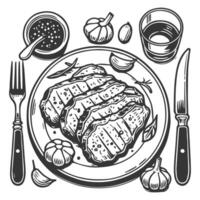 Grilled steak with garlic and herbs on a plate, black and white illustration vector