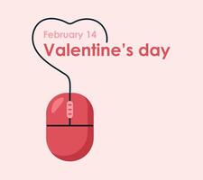Valentine Day Computer Mouse, heart-shaped cord. Greeting card for IT, programmer with text February 14. Red controller with Cable, wheel. hardware, technology. Flat style. Color illustration vector