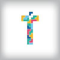 Unique colorful letter T falling pixel style. Editable design. Alphabets are related to each other. vector